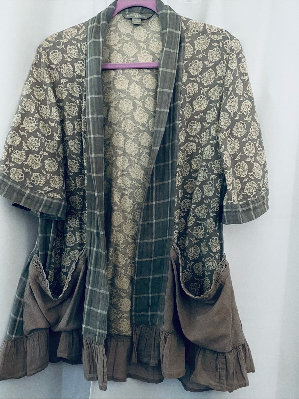 April Cornell Gray Mixed Media Duster Women’s XS Relaxed Oversized Boho Western